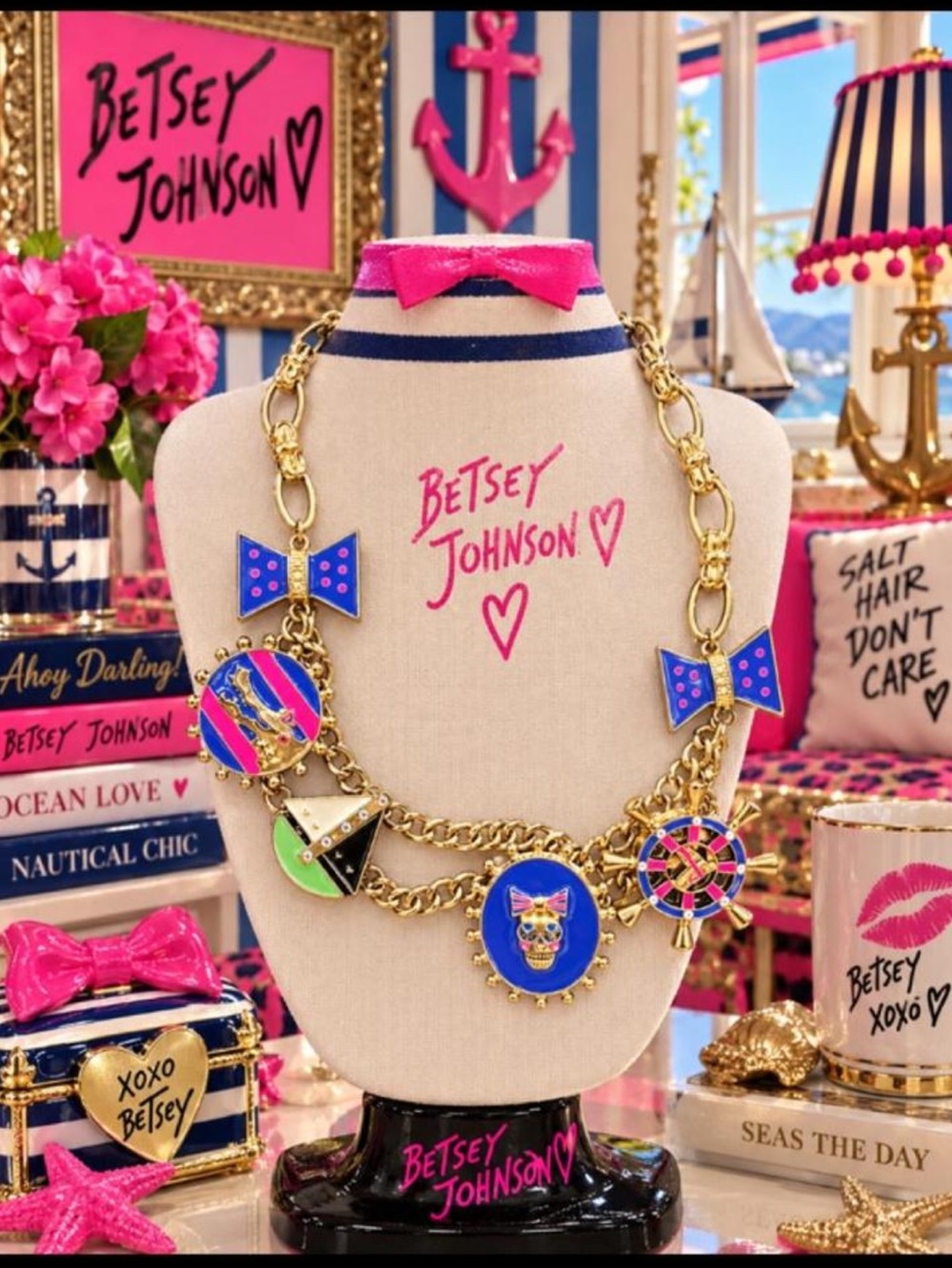 Vintage Betsey Johnson Pink & Multi-Color Nautical Charm Necklace